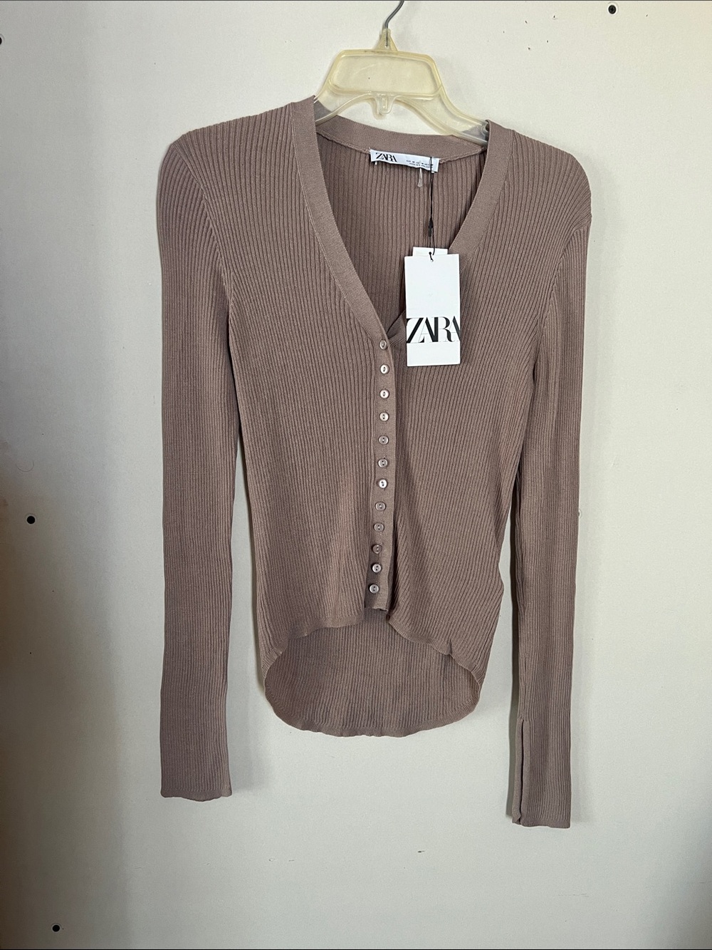 Zara Ribbed Taupe Button-Down V-Neck Top